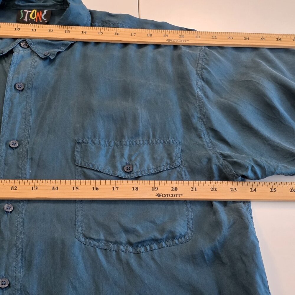 Vtg Stone Silks Shirt Mens L Teal SS Lightweight Button Down Pockets Boho Retro - Picture 5 of 13